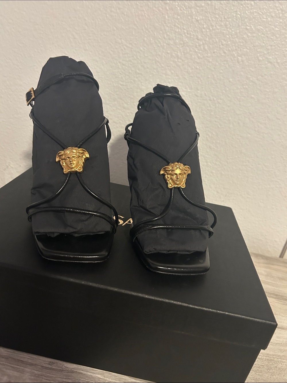 Versace Black Leather Medusa-Strap Heels with Gold Emblem